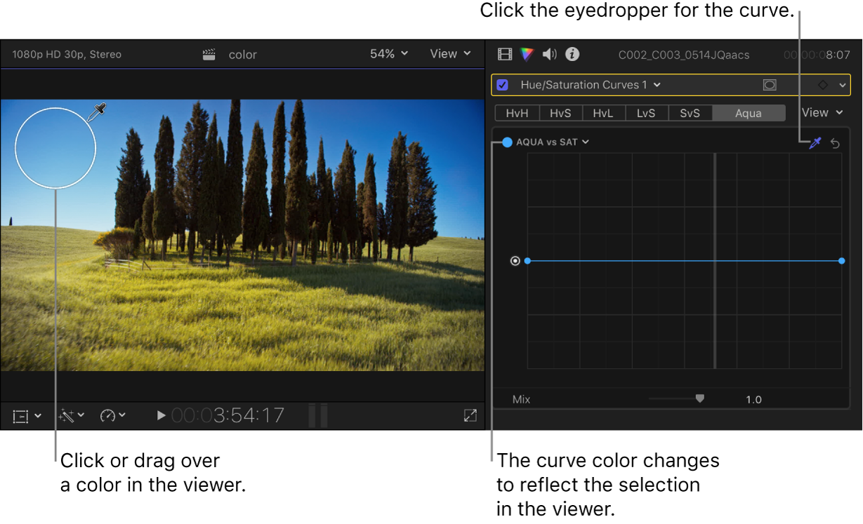 The eyedropper positioned over a color in the viewer, and the Color inspector showing the curve changed to the selected color