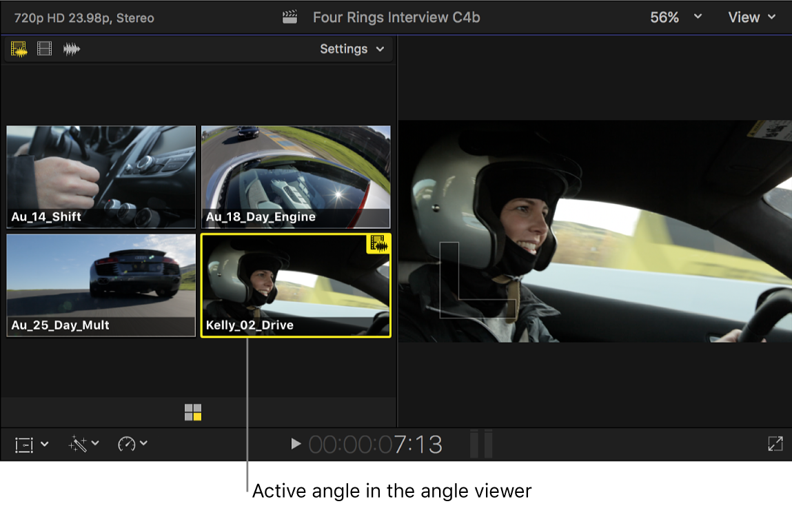 Visor de ángulos que muestra el ángulo activo de un clip Multicam resaltado