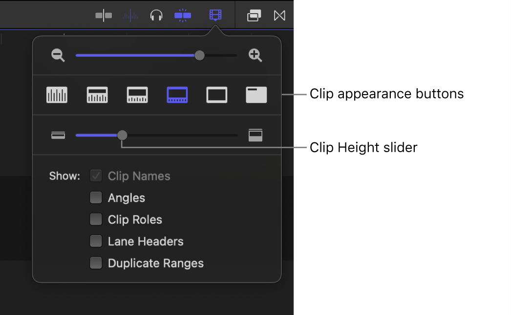 Los controles de apariencia del clip