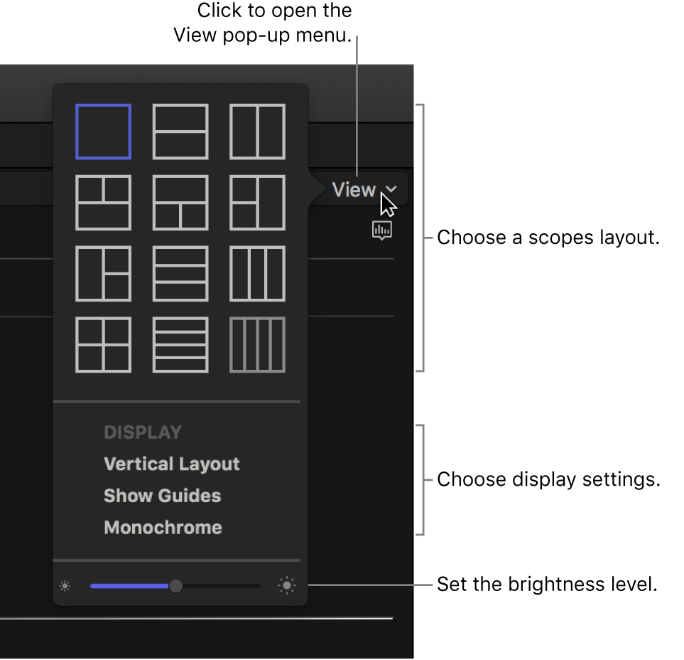 Opciones del menú desplegable Visualización sobre la visualización de ámbitos de vídeo