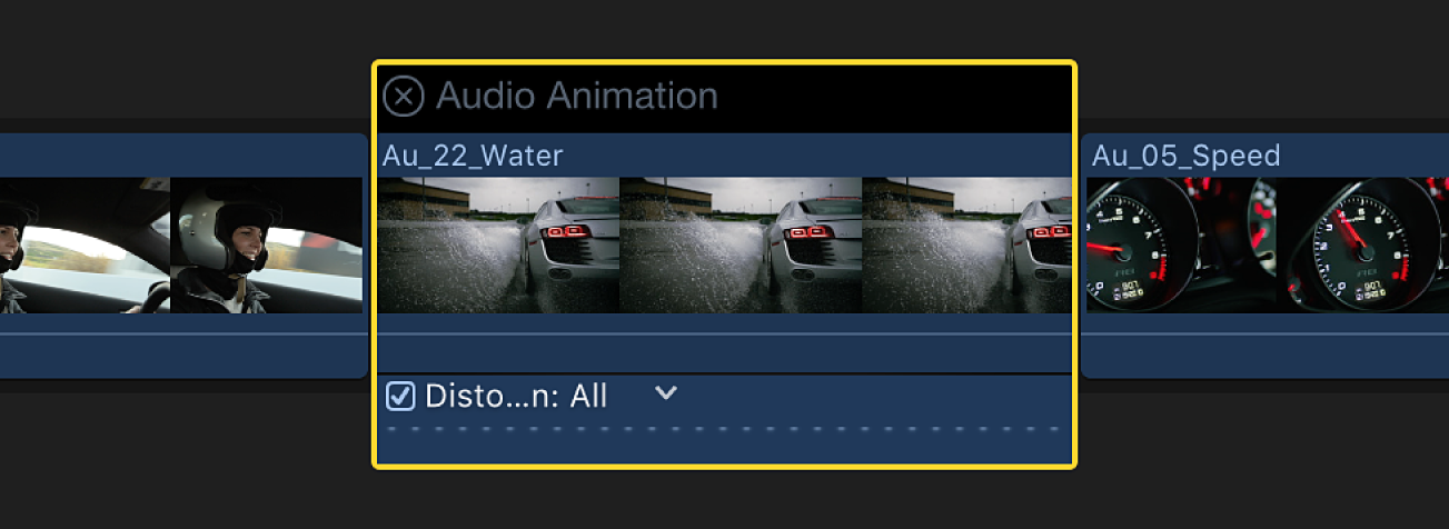 El editor de animación de audio mostrado sobre un clip de la línea de tiempo