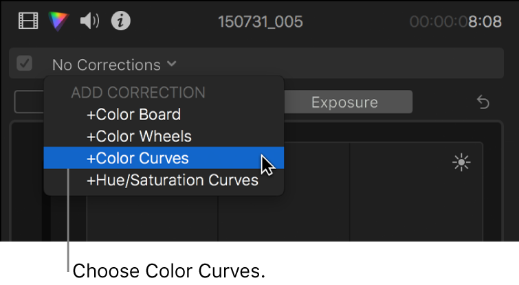 Opción “Curvas de color” seleccionada en la sección “Añadir corrección” del menú desplegable de la parte superior del inspector de color