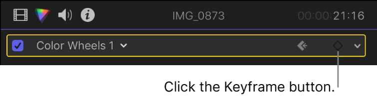 El botón “Fotograma clave” del efecto de ruedas de color desactivado en el inspector de color