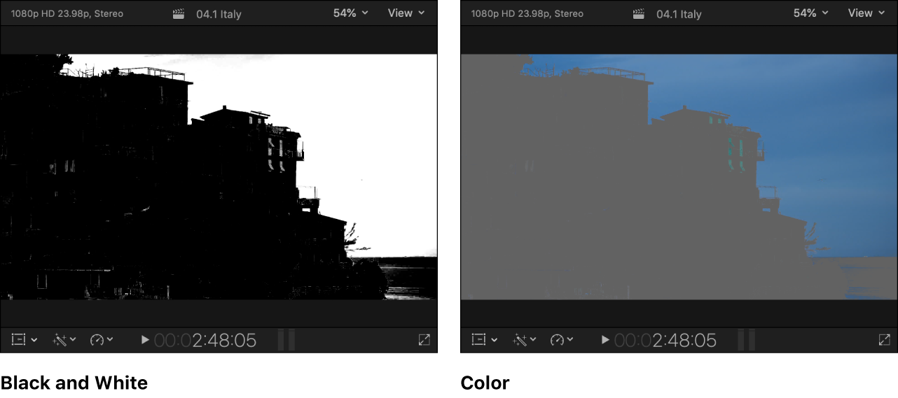 Instantáneas del visor en paralelo con la imagen del canal alfa en blanco y negro a la izquierda y las áreas visibles de la imagen a color enmascarada a la derecha