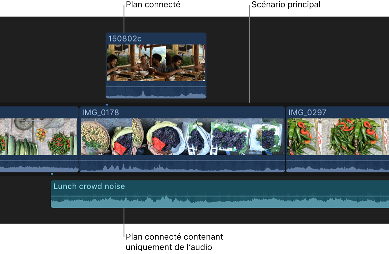 Plans vidéo et plans audio connectés dans la timeline