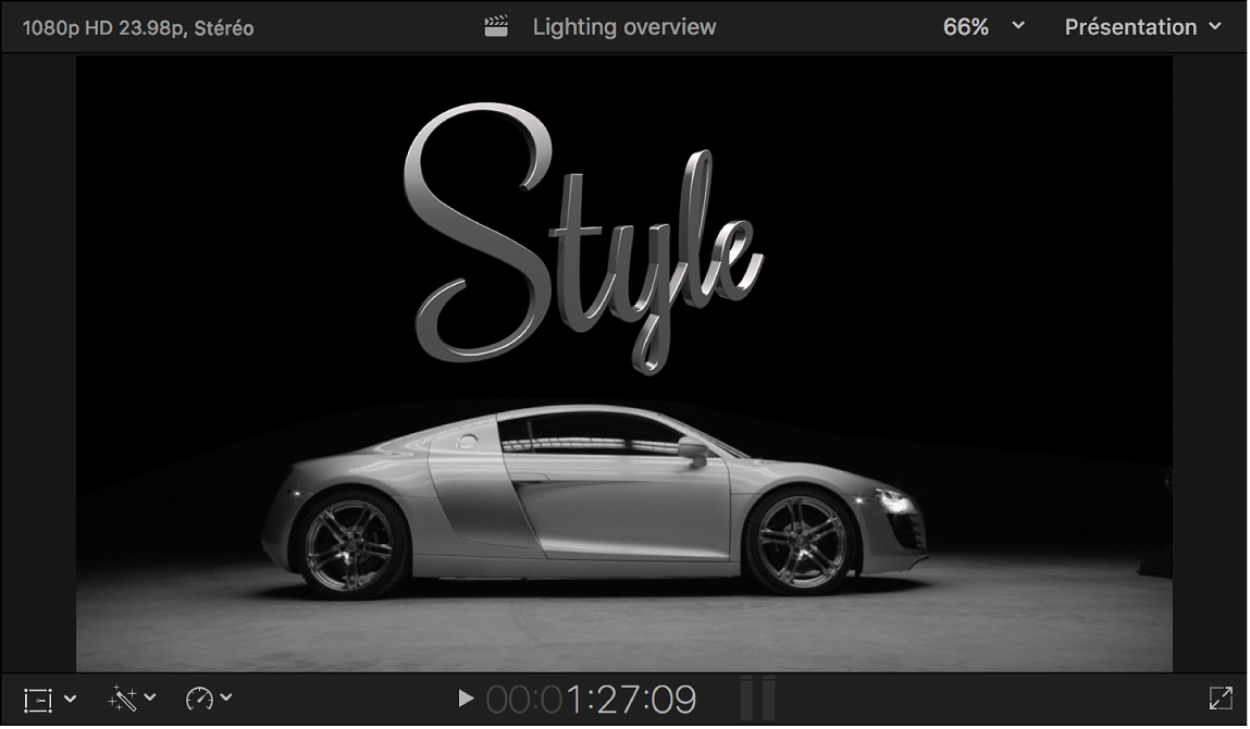 Visualiseur affichant un titre 3D avec des effets d’éclairage appliqués
