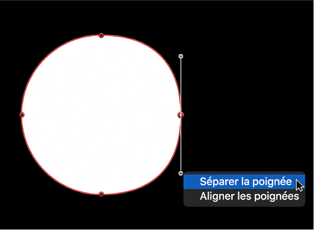 Visualiseur affichant le menu contextuel d’un point d’une poignée de tangente, avec les options Séparer la poignée et Aligner les poignées
