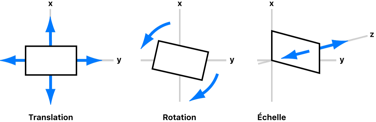 Trois types de mouvement appliqués aux plans lors de la stabilisation de l’image : translation, rotation et mise à l’échelle