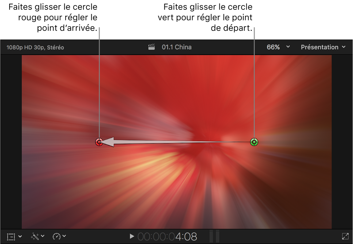Visualiseur affichant les commandes à l’écran de la transition Zoom et panoramique