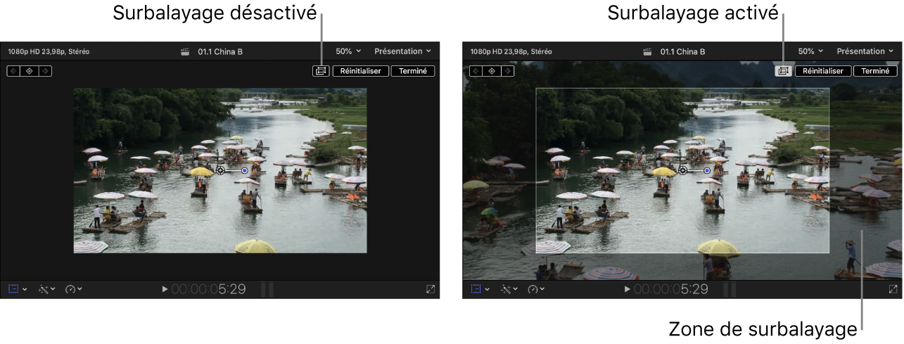 À droite, visualiseur avec surbalayage activé, montrant des parties de l’image en dehors du visualiseur ; à gauche, visualiseur avec surbalayage désactivé