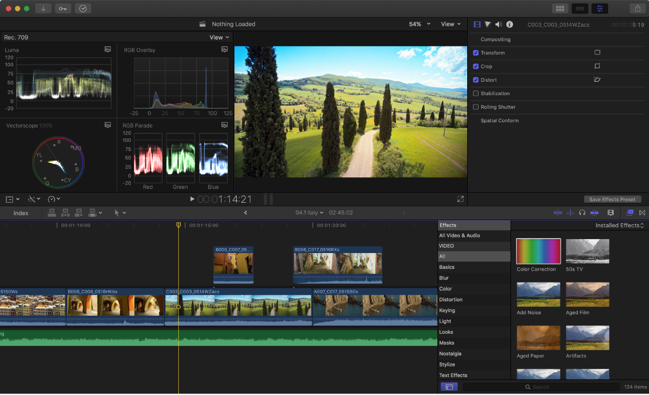 비디오 범위 디스플레이, 뷰어, 인스펙터, 타임라인 및 효과 브라우저가 표시된 Final Cut Pro 주 윈도우