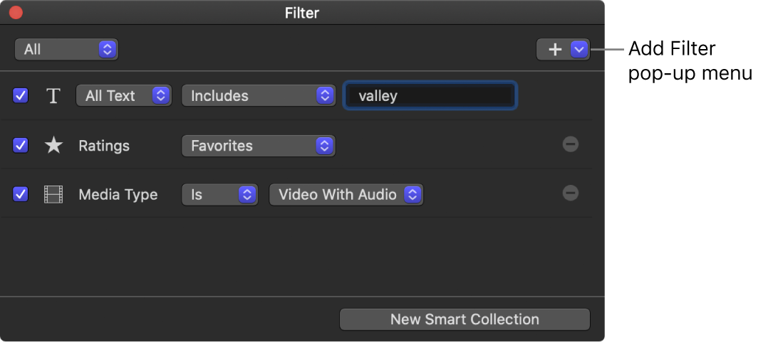 “过滤器”窗口中的“添加过滤器”弹出式菜单