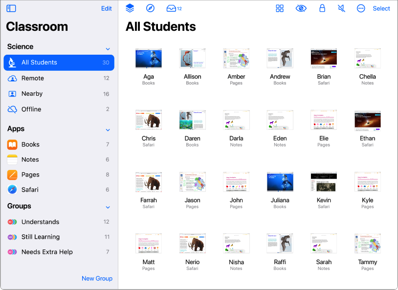Die Classroom-App zeigt die Anzeige „Alle Schüler“.