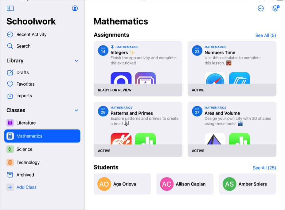 A sample class view — Mathematics — showing four assignments and three students. In addition to this class view, the Schoolwork sidebar contains three other classes (Literature, Science, and Technology) and the Recent Activity, Drafts, Favorites, Imports, and class archive views.