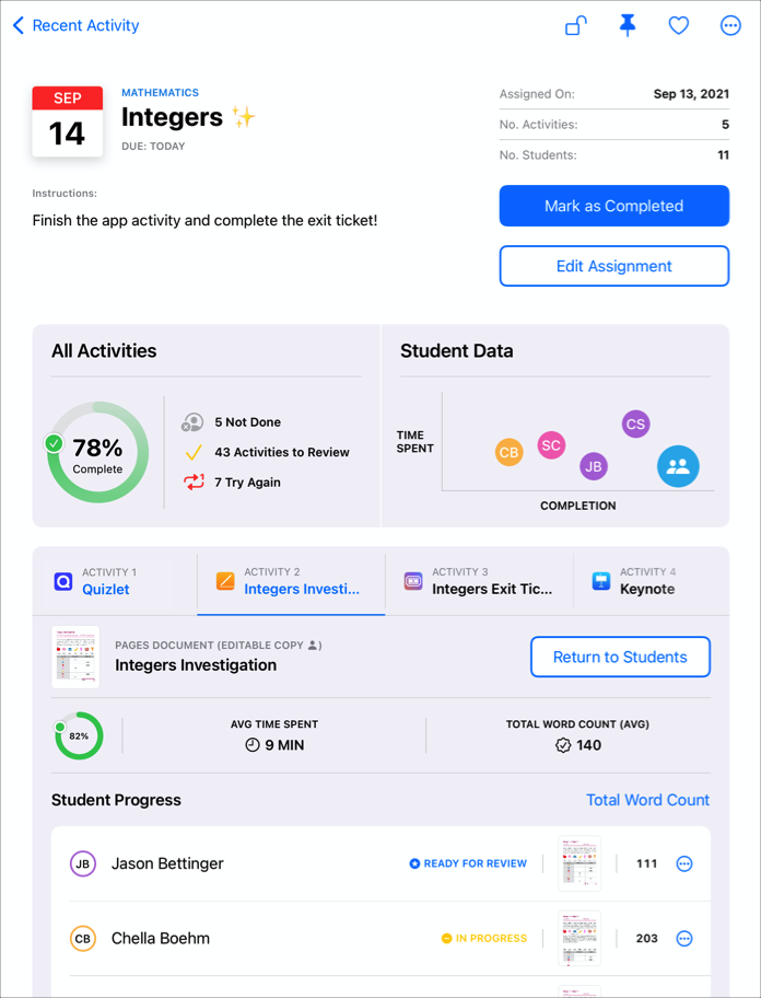 A sample assignment details view — Integers — for a Mathematics class showing detailed progress data for the selected activity, including percentage complete, average time spent, and average total word count for the class. All Activities indicates 5 students haven’t completed the activities, you have 43 activities to review, and you asked seven students to redo work. Use Student Data to help you determine students who might be falling behind.
