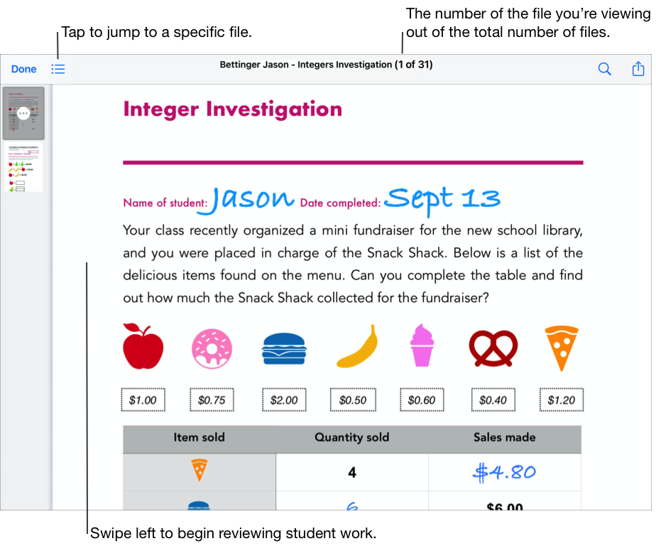 A sample of a student’s assignment activity file (Integers Investigation). Swipe left to begin reviewing student work, or tap the list button in the upper left of the window to jump to a specific file. At the top of the window Schoolwork displays the number of the file you’re viewing out of the total number of files.