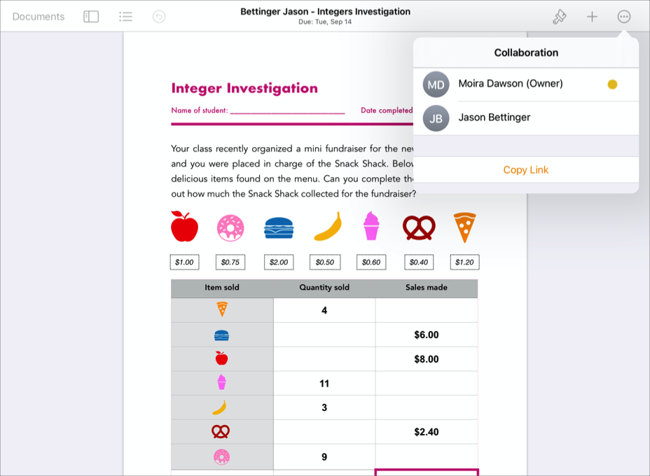 A sample of a student’s collaborative file showing the iWork Pages app Collaboration details.
