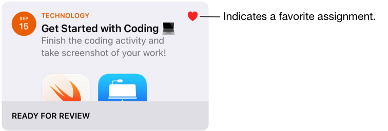 Exemple de devoir mis en favori (Get Started with Coding). L’icône en forme de cœur indique un devoir favori.