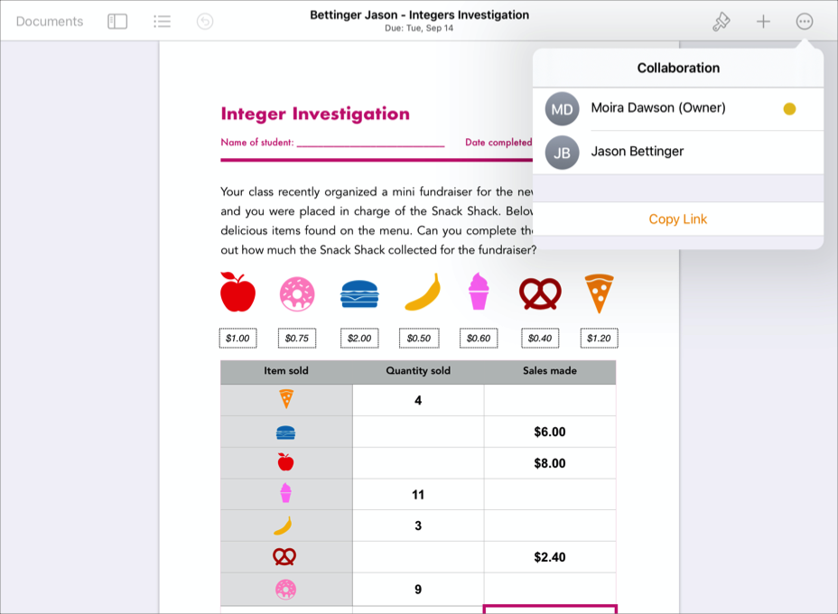 Un esempio di un file di collaborazione di uno studente che mostra i dettagli di collaborazione dell’app iWork Pages.