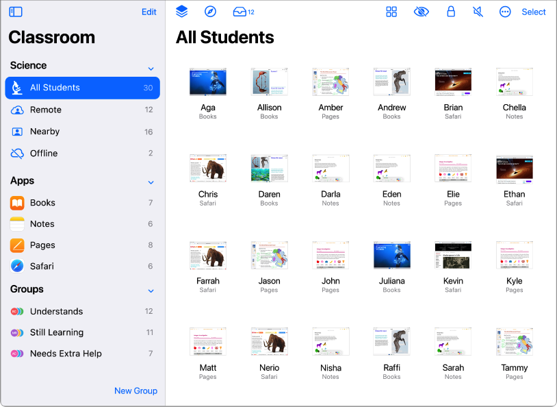Представление All Students (Все ученики) в приложении «Класс».
