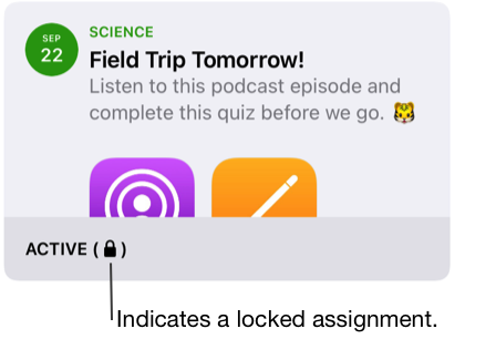 Exempel på en låst uppgift (Field Trip Tomorrow! (Studiebesök imorgon!)). Låssymbolen markerar en låst uppgift.