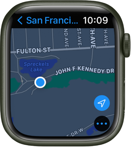 Приложението Карти, показващо карта. Вашето местоположение се показва като синя точка върху картата.