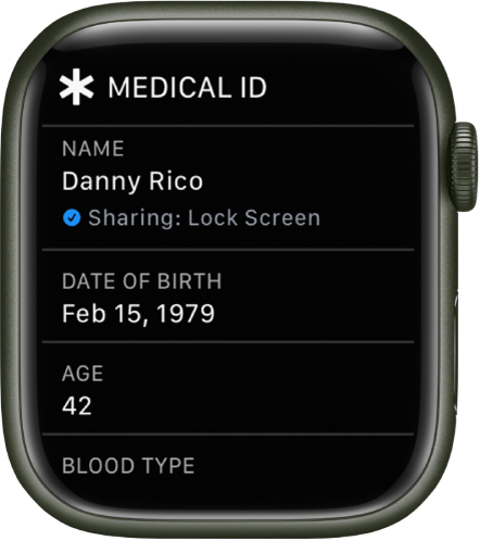 Екранът Medical ID (Медицински идентификатор), показващ името, датата на раждане и възрастта на потребителя.