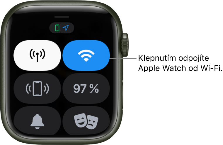 Ovládací centrum na Apple Watch (GPS + mobilní data) s tlačítkem Wi‑Fi vpravo nahoře Popisek s textem „Klepnutím se odpojíte od Wi‑Fi“