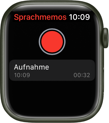Apple Watch mit der Anzeige „Sprachmemos“. Oben befindet sich eine rote Aufnahmetaste. Darunter ist ein aufgezeichnetes Sprachmemo zu sehen. Auf dem Memo wird die Uhrzeit der Aufnahme und die Länge angezeigt.
