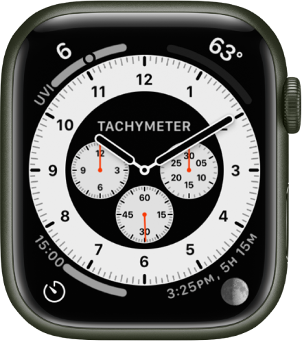 The Tachymeter variation of the Chronograph Pro watch face. It shows four complications: UV Index at the top left, Temperature at the top right, Timers at the bottom left, and Moon at the bottom right.