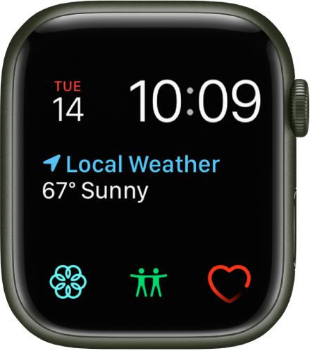 The Modular watch face, where you can adjust the color of the watch face. It shows the time and date near the top, the Weather Conditions complication in the middle, and three subdial complications along the bottom: Mindfulness, Find People, and Heart Rate.