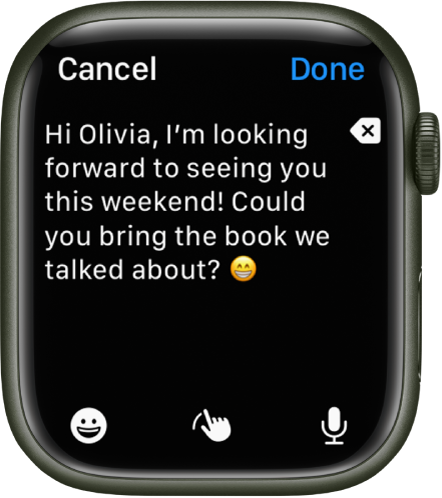 A text entry screen with text and an emoji near the top, and Emoji, Scribble, and Dictate buttons at the bottom.