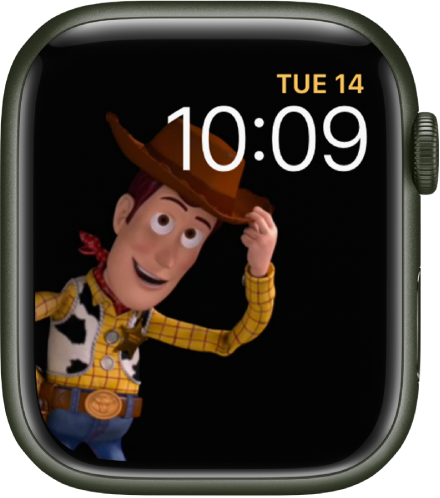 The Toy Story watch face shows the day, date, and time at the top right and an animated Woody in the left of the screen.