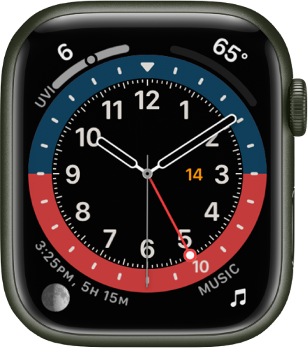 The GMT watch face, where you can adjust the face color. It shows four complications: UV Index at the top left, Temperature at the top right, Moon at the bottom left, and Music at the bottom right.