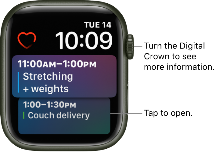 The Siri watch face showing a reminder and a calendar event. A Heart Rate complication is at the top-left of the screen. The date and time are at the top right. A Calendar Schedule complication is below, showing two events.
