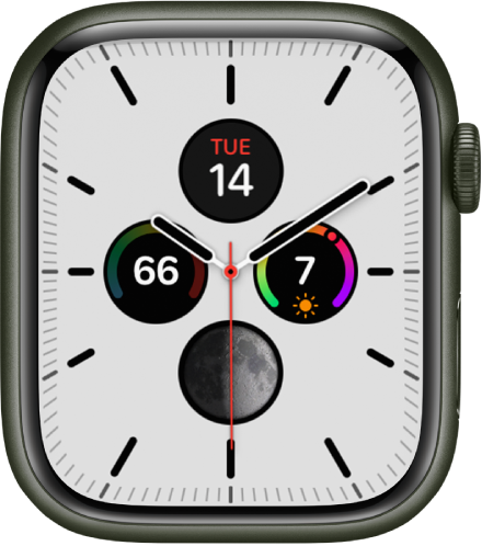 The Meridian watch face, where you can adjust the face color and details of the dial. It shows four complications inside an analog clock face: Calendar at the top, UV Index at the right, Moon Phase at the bottom, and Temperature on the left.