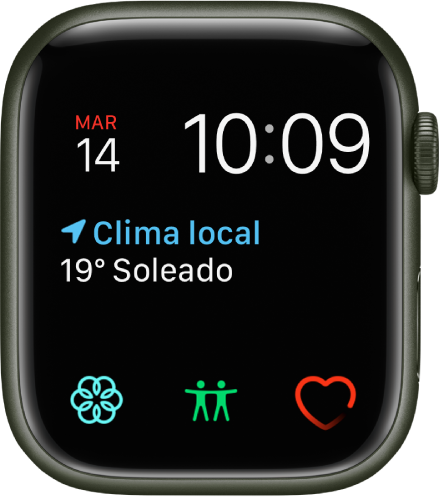 La carátula Modular, donde puedes ajustar el color de la carátula. Muestra la fecha y hora cerca de la parte superior, la complicación Estado del clima en el centro y tres diales secundarios en la parte inferior: Atención plena, Encontrar personas y Ritmo cardíaco.