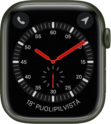 Löytöretki-kello on analoginen kello. Siinä näkyy kolme komplikaatiota: Puhelin ylhäällä vasemmalla, Kompassi ylhäällä oikealla ja Sää alareunassa.