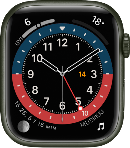 GMT-kellotaulu, jossa voit säätää kellotaulun väriä. Siinä näkyy neljä komplikaatiota: UV-indeksi on ylävasemmalla, Lämpötila on yläoikealla, Kuu alavasemmalla ja Musiikki alaoikealla.