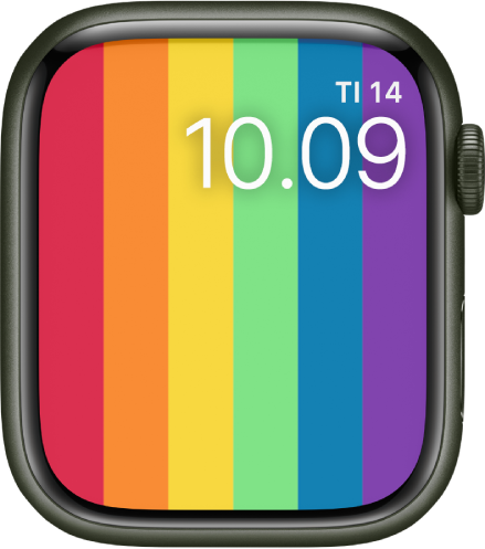 Pride (digitaalinen) -kellotaulu, jossa on pystysuuntaisia sateenkaaren raitoja sekä päiväys ja aika yläoikealla.