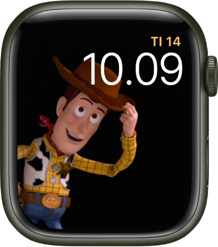 Toy Story -kellotaulussa näkyy päivä, päivämäärä ja aika yläoikealla ja animoitu Woody näytön vasemmassa reunassa.