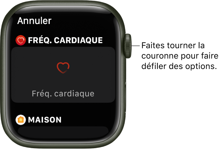 L’écran de personnalisation pour un cadran avec la complication « Fréquence cardiaque » mise en évidence. Faites tourner la Digital Crown pour voir des complications.