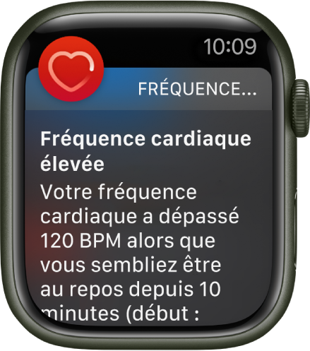 L’écran « Fréquence cardiaque élevée » affichant une notification mentionnant que votre fréquence cardiaque a dépassé 120 bpm pendant une période d’inactivité de 10 minutes.