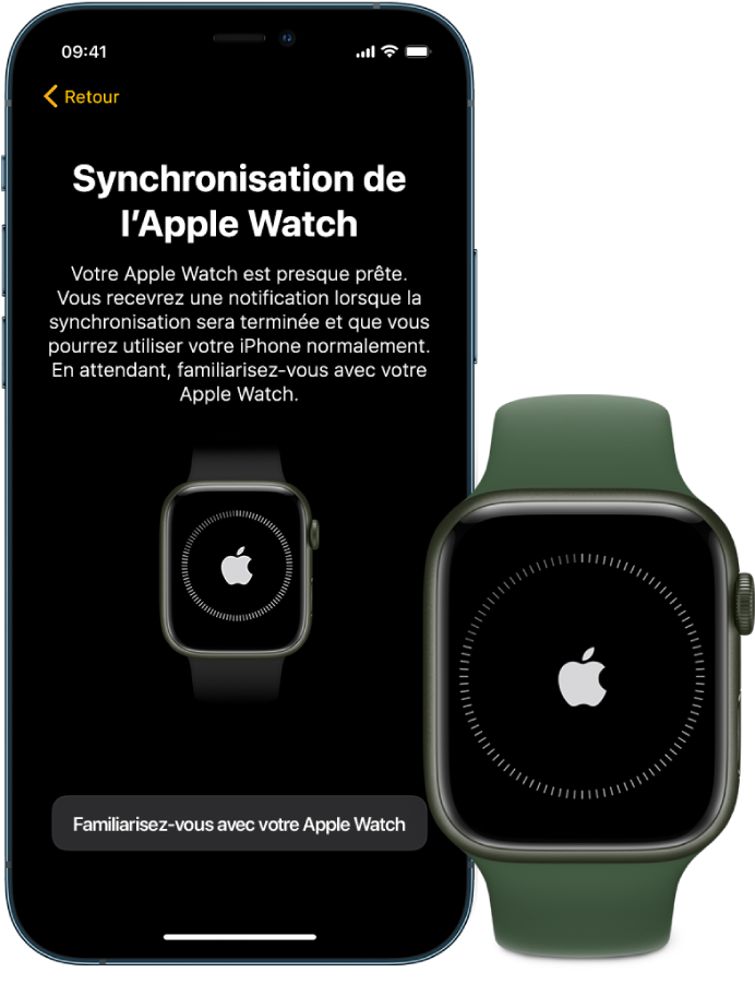 Un iPhone et une Apple Watch affichant leur écran de synchronisation.