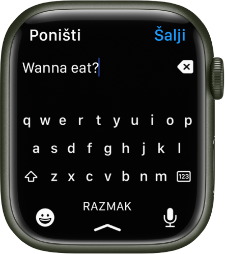 Zaslon unosa teksta s prikazom QWERTY tipkovnica. Neki se tekst prikazuje na vrhu s tipkom Obriši s desne strane. Pri dnu se nalaze tipke Emoji, Razmak i Diktat.