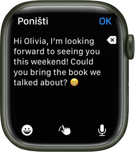 Zaslon unosa tekst s tekstom i emojijem pri vrhu te tipkama Emoji, Žvrljanje i Diktat na dnu.