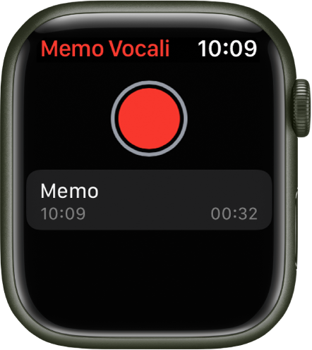 Apple Watch che mostra la schermata di Memo vocali. In alto è presente un pulsante rosso Registra. Sotto viene visualizzato un memo registrato. Il memo mostra l’orario in cui è stato registrato e la sua durata.