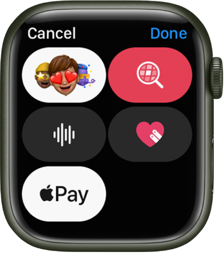 Ekranas „Messages“, kuriame rodomas mygtukas „Apple Pay“ kartu su mygtukais „Memoji“, „Image“, „Audio“ ir „Digital Touch“.