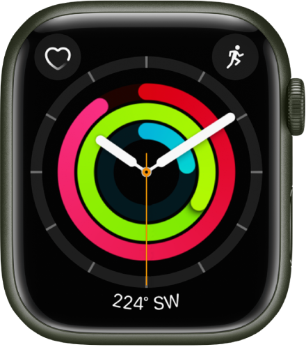 Ciparnīca Activity Analog, kurā redzams pulkstenis un mērķu Move, Exercise un Stand izpildītā daļa. Ir arī trīs papildinājumi: Heart Rate augšējā kreisajā stūrī, Workout augšējā labajā stūrī un Compass ekrāna apakšdaļā.