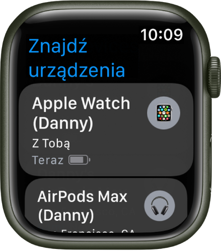 Ekran aplikacji Znajdź urządzenia z dwoma urządzeniami: Apple Watch i słuchawkami AirPods.